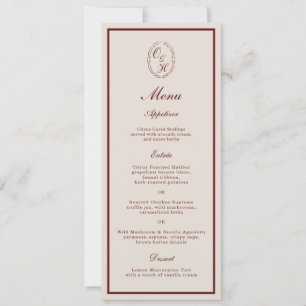 Burgundy Monogram Wedding Long Menu Card