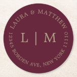Burgundy Monogram Wedding Round Paper Coaster<br><div class="desc">Modern and minimalist wedding Sticker featuring your two initial monogram and address. A simple design that still comes across as chic and stylish. These envelopes are a great way to add an elegant touch to your wedding invitation suite.</div>