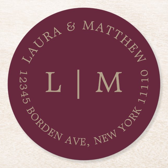 Burgundy Monogram Wedding Round Paper Coaster (Front)