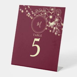Burgundy Monogram Wedding Table Number Pedestal Sign