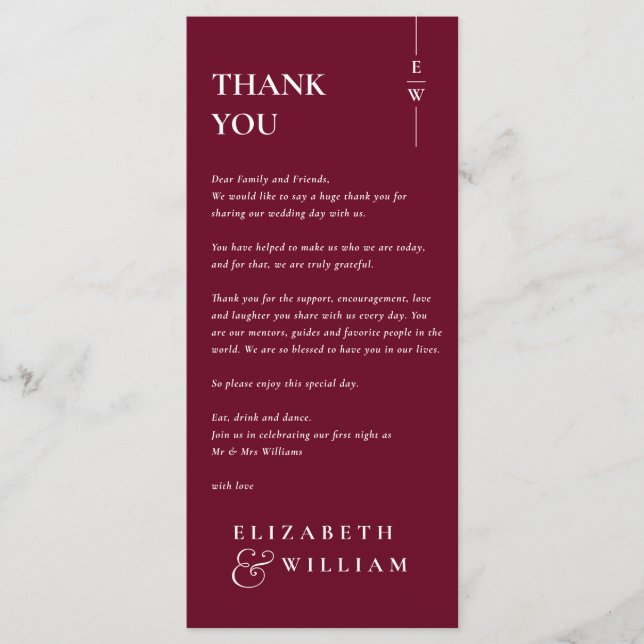 Burgundy Monogram Wedding Thank You Place Card (Front)