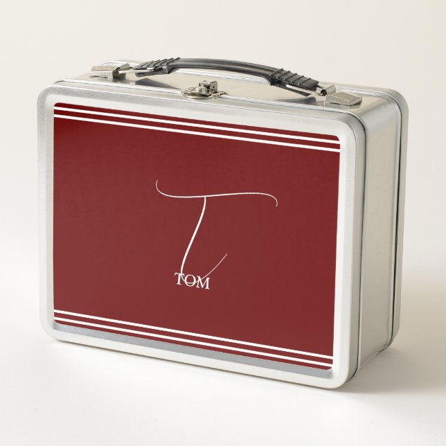 Burgundy Monogrammed Metal Lunch Box (Front)