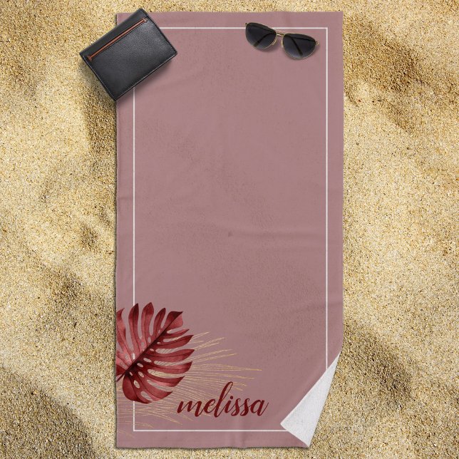 Burgundy Monstera Gold Palm Leaf Tropical Beach Towel (Personalized Burgundy and Gold Monstera Beach Towel -- Makes an Excellent Gift for Wedding Guests!)