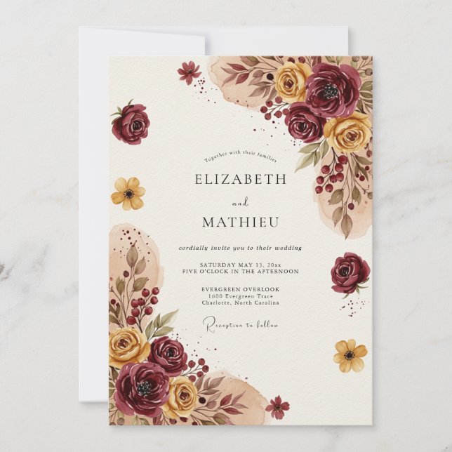 Burgundy Moody Bohemian Wedding Invitation (Front)