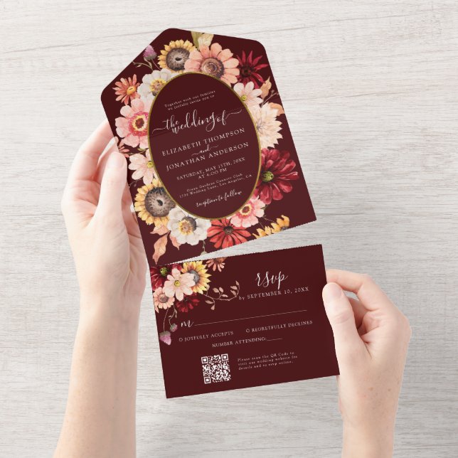 Burgundy Moody Fall Floral Gold QR RSVP Wedding All In One Invitation (Tearaway)