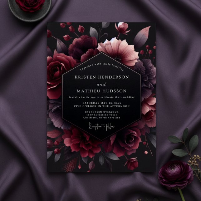 Burgundy Moody Floral Enchantment Wedding Invitation (Creator Uploaded)