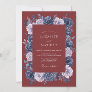 Burgundy Moody Floral Wreath Wedding Invitation