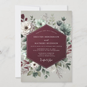 Burgundy Moody Succulent Wedding Invitation