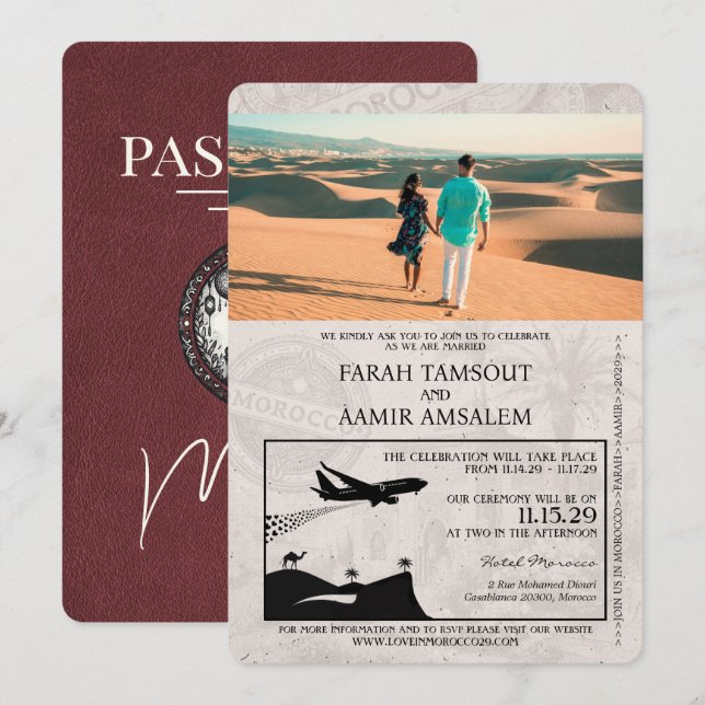 Burgundy Morocco Passport Wedding Invitation (Front/Back)