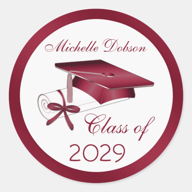 Burgundy mortar, diploma Graduation Classic Round Sticker (Front)
