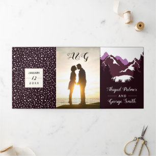 Burgundy mountains and trees photo winter wedding Tri-Fold invitation