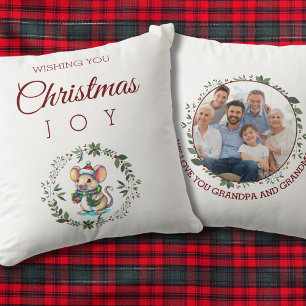 Burgundy Mouse Grandparent Photo Christmas Wreath Cushion