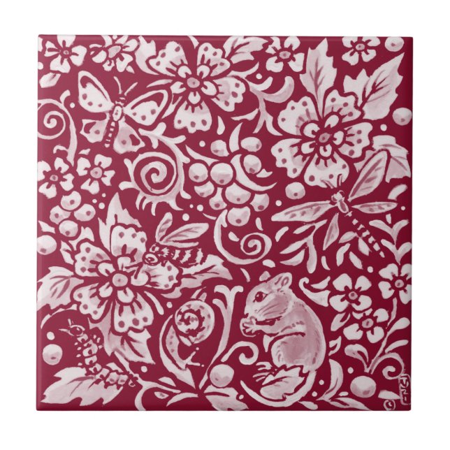 Burgundy Mouse Maroon Woodland Animal Ornate Tile (Front)