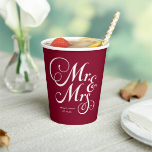 Burgundy Mr. & Mrs. personalised rustic wedding Paper Cups
