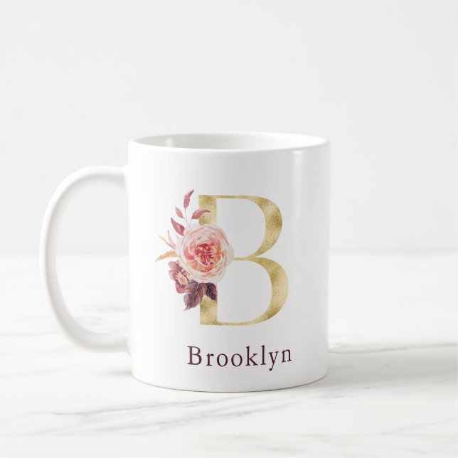 Burgundy Name and Pink Floral Monogram Letter B Co Coffee Mug (Left)