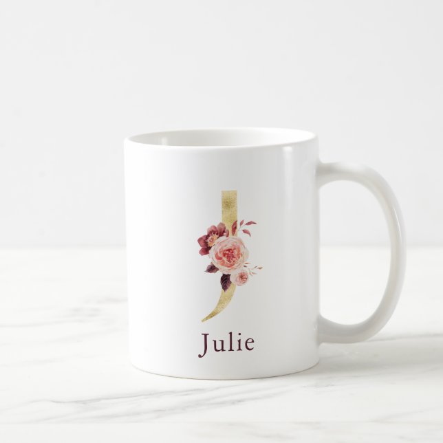 Burgundy Name and Pink Floral Monogram Letter J Coffee Mug (Right)