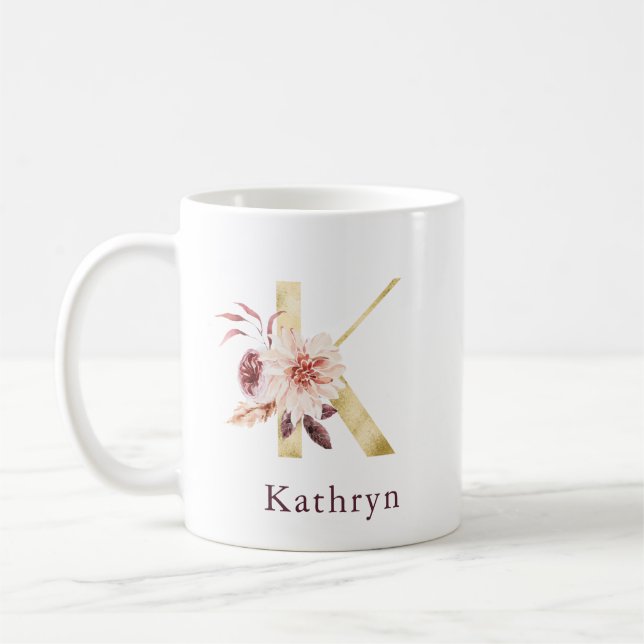 Burgundy Name and Pink Floral Monogram Letter K Coffee Mug (Left)