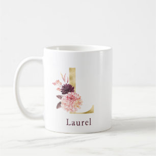 Burgundy Name and Pink Floral Monogram Letter L Coffee Mug
