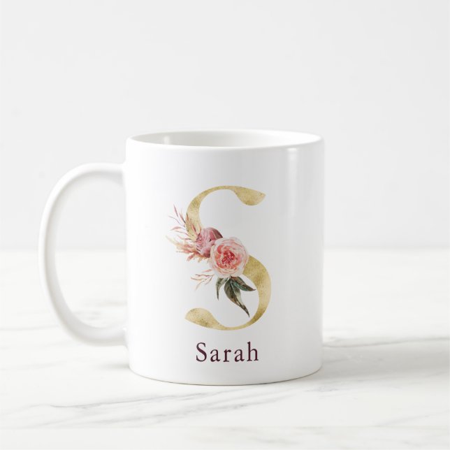 Burgundy Name and Pink Floral Monogram Letter S Coffee Mug (Left)