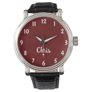 Burgundy, Name, Black Vintage Leather Band Wrist Watch
