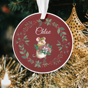 Burgundy Name Cute Mouse Christmas Tree  Ornament