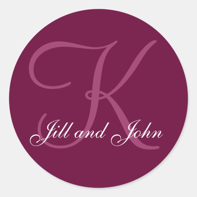 Burgundy Names  Monogram K Wedding Favour Sticker (Front)