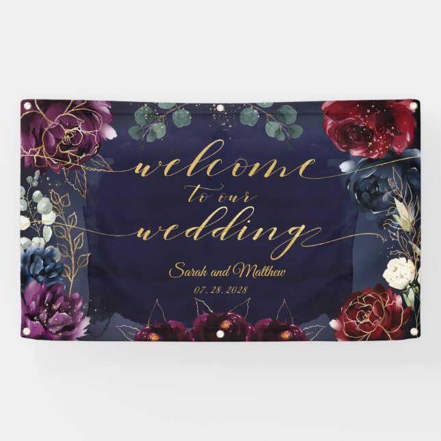 Burgundy Navy 2 Welcome To Our Wedding 3x5' Banner (Horizontal)