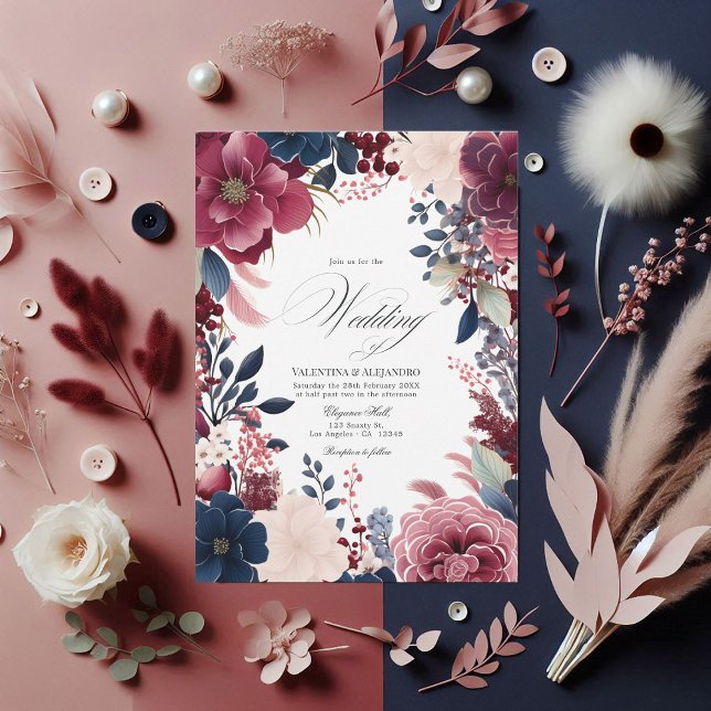 Burgundy, Navy, and Blush Boho Floral Wine Wedding Invitation (Burgundy, Navy, and Blush Boho Floral Wine Wedding Invitation)
