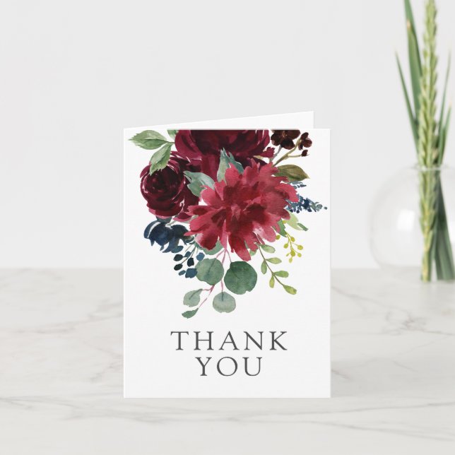 Burgundy Navy and Blush Elegant Floral Thank You Card (Front)