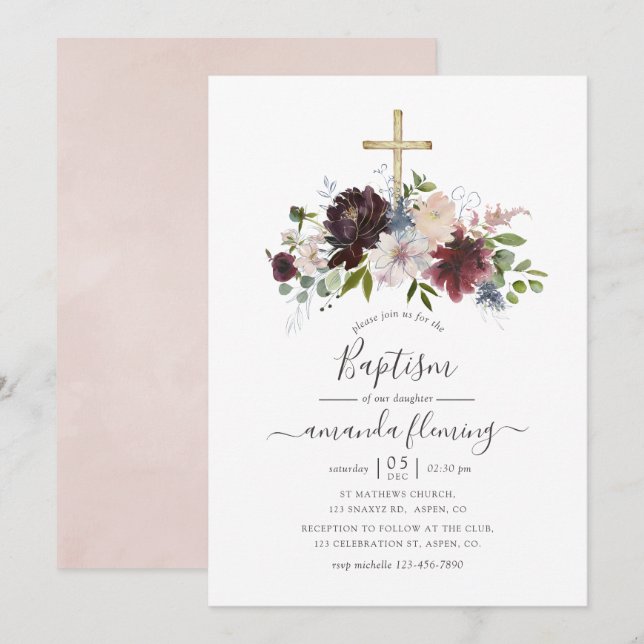 Burgundy, Navy and Blush Floral Baptism Invitation (Front/Back)