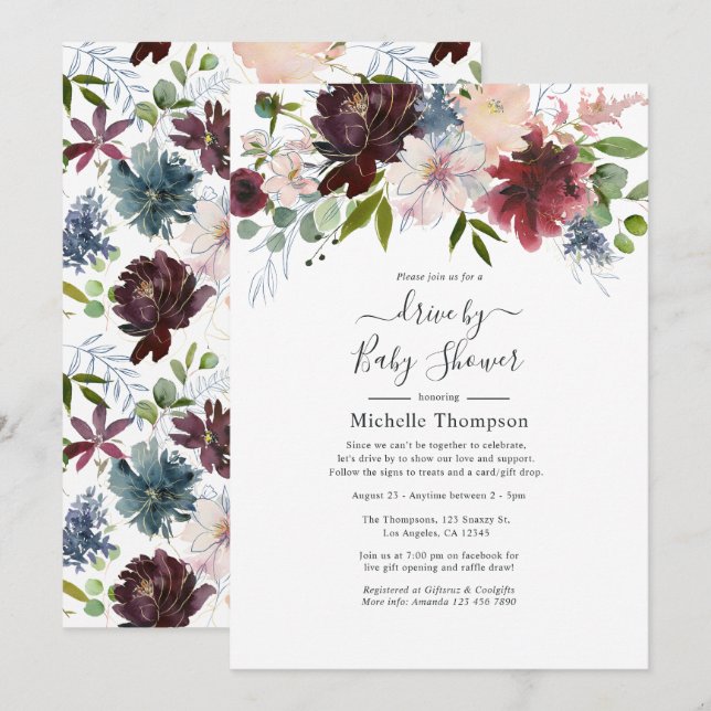 Burgundy, Navy and Blush Floral Drive By Shower Invitation (Front/Back)
