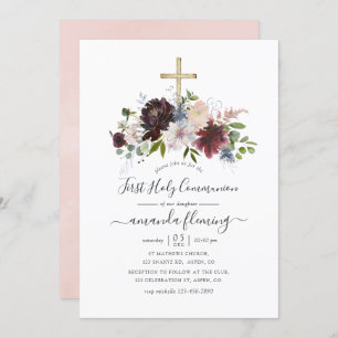Burgundy, Navy and Blush Floral Holy Communion Invitation