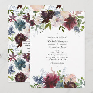 Burgundy, Navy and Blush Floral QR Code Wedding Invitation