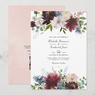 Burgundy, Navy and Blush Floral QR Code Wedding Invitation