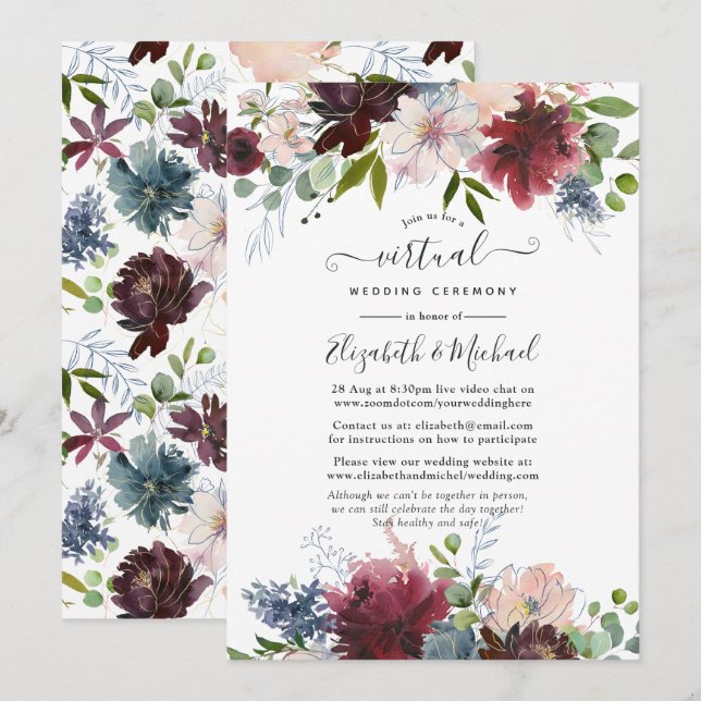 Burgundy, Navy and Blush Floral Virtual Wedding Invitation (Front/Back)