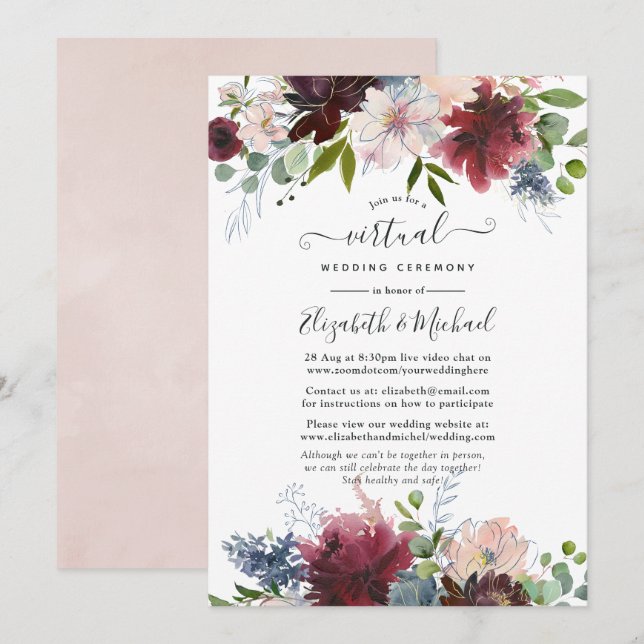 Burgundy, Navy and Blush Floral Virtual Wedding Invitation (Front/Back)