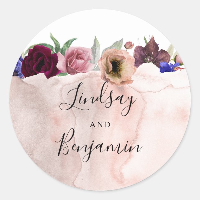 Burgundy Navy and Blush Floral Wedding Classic Round Sticker (Front)