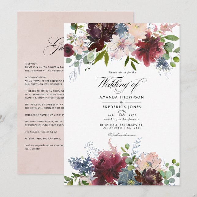 Burgundy, Navy and Blush Floral Wedding Invitation (Front/Back)