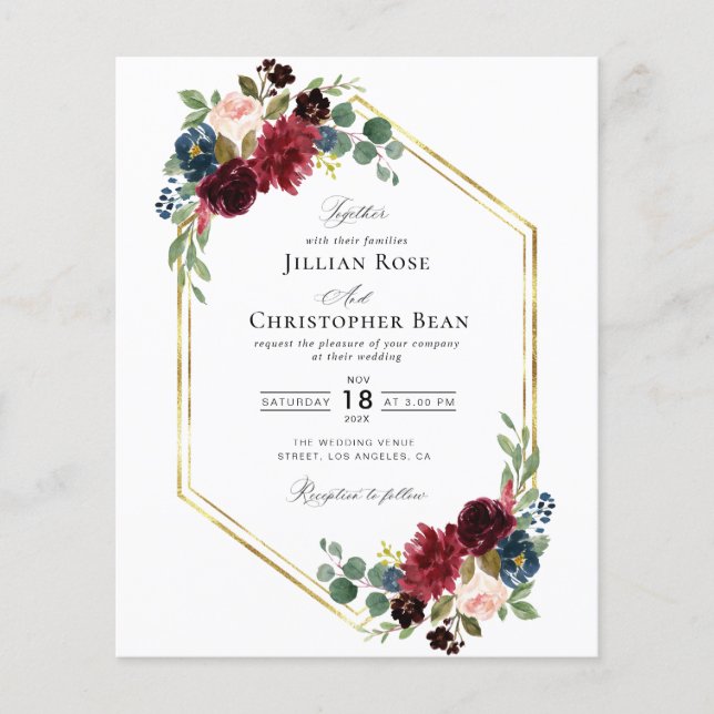 Burgundy, navy and blush floral wedding invitation (Front)