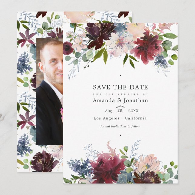 Burgundy, Navy and Blush Floral Wedding Photo Save The Date (Front/Back)