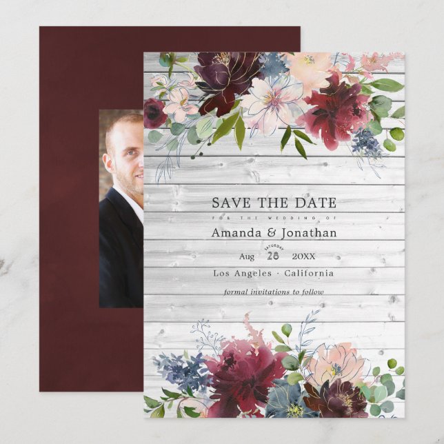 Burgundy, Navy and Blush Floral Wedding Photo Save The Date (Front/Back)