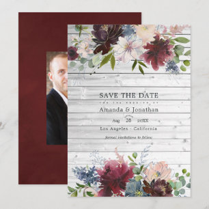 Burgundy, Navy and Blush Floral Wedding Photo Save The Date