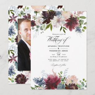 Burgundy, Navy and Blush Floral Wedding Update Inv Invitation