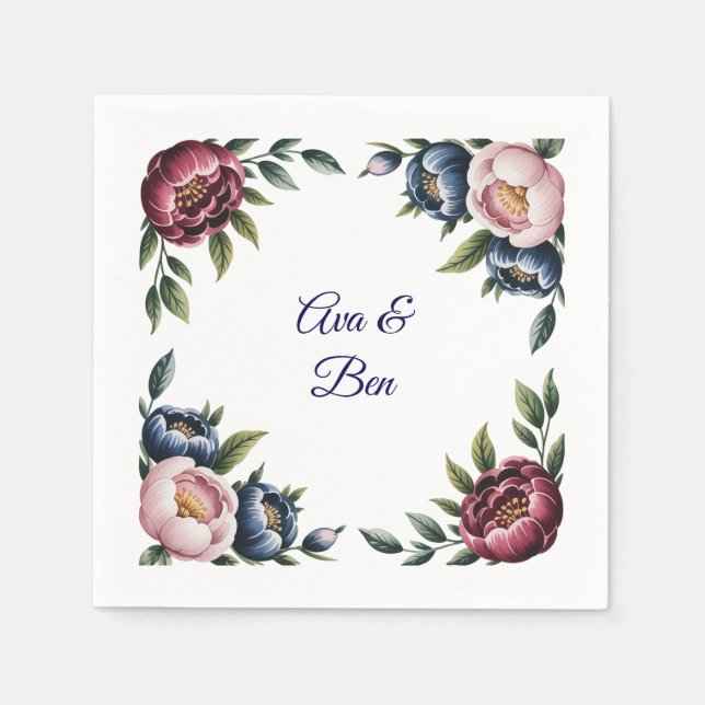 Burgundy Navy and Blush Peony Wedding Floral Napkin (Front)
