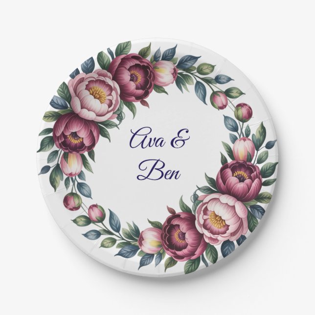 Burgundy Navy and Blush Peony Wedding Floral Paper Plate (Front)