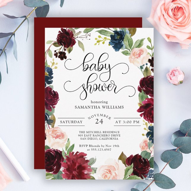 Burgundy Navy and Blush Pink Floral Baby Shower Invitation (Creator Uploaded)