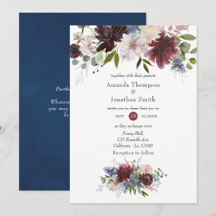 Burgundy, Navy and Blush Pink Floral Wedding Invitation