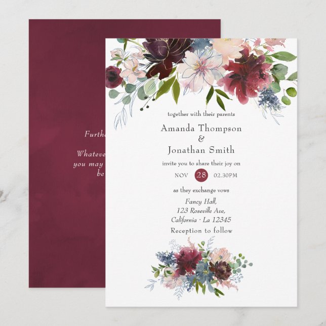 Burgundy, Navy and Blush Pink Floral Wedding Invitation (Front/Back)