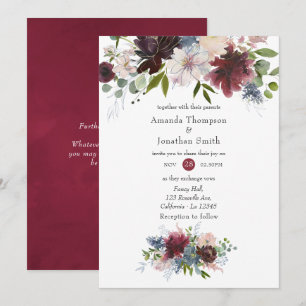 Burgundy, Navy and Blush Pink Floral Wedding Invitation
