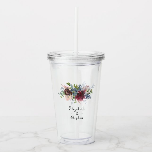 Burgundy, Navy and Blush Pink Wedding Acrylic Tumbler (Front)